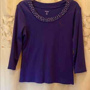 Style & Co. Purple Embellished Collar 3/4 Sleeve Top